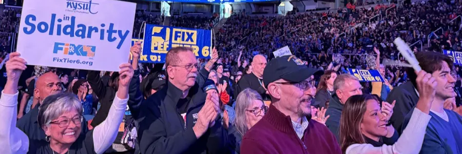 Union members cheering at a fix tier 6 rally